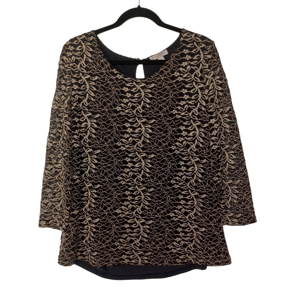 CB Metallic Gold Black Lace Open Slit Back 3/4 Sleeve 2 Layer Top X-Large